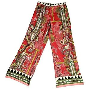 Beige Eci Pants 10 Bohemian Gypsy Flowy Hippie Wide Leg Vacation Cruise Paisley